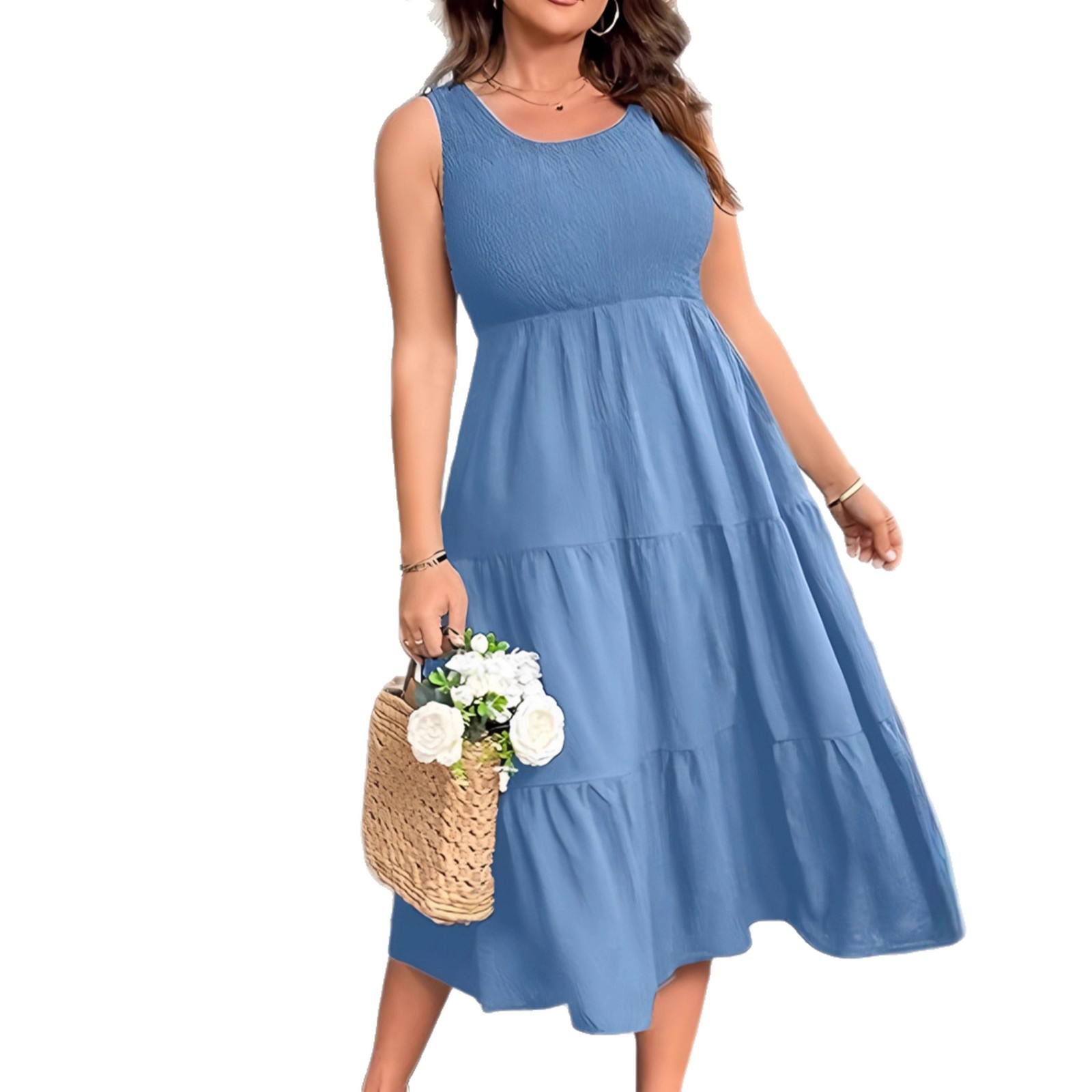 Women's Sleeveless U-Neck Ruched Hem Patchwork Midi Dress