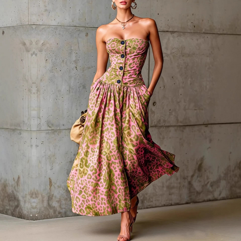 Leopard Print Strapless A-Line Midi Dress