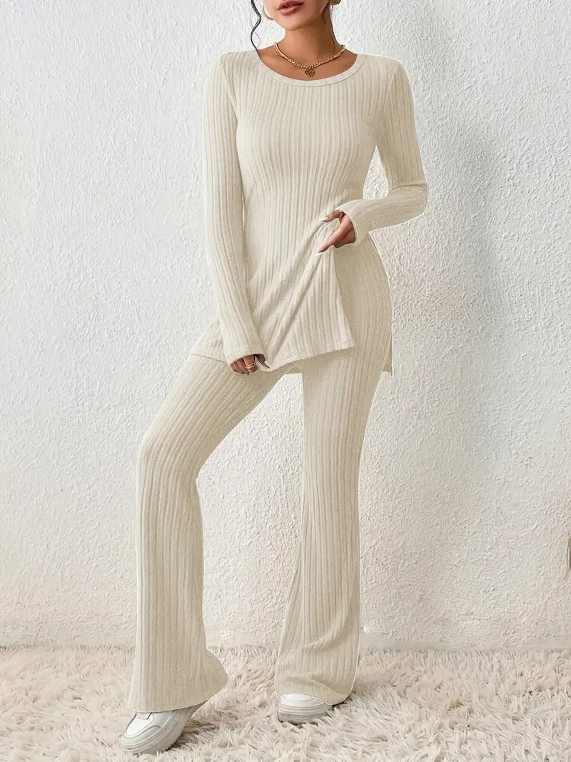 Women's Solid Color Slim Fit Two-Piece Lounge Set with Pants