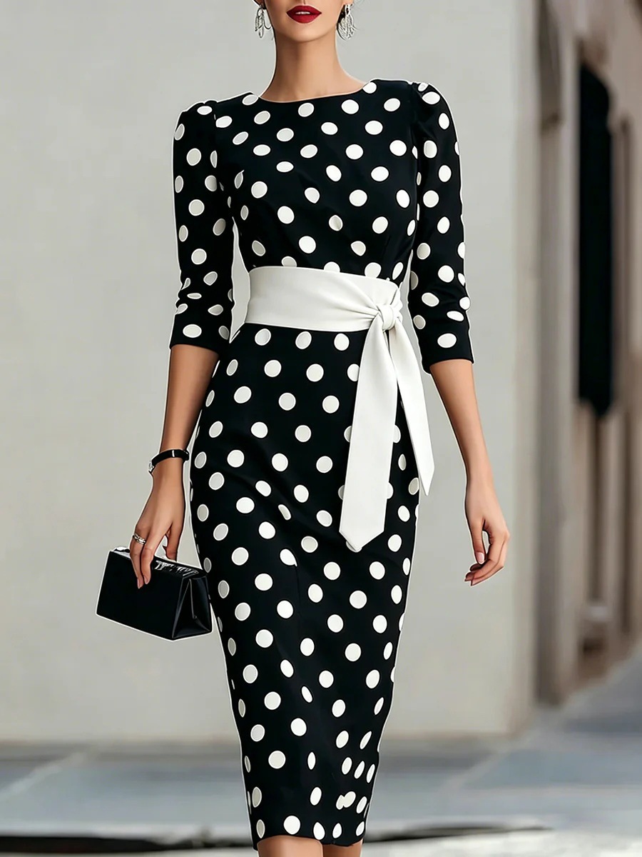 Color-Block Polka Dot Belted Slim Fit Long Sleeve Dress