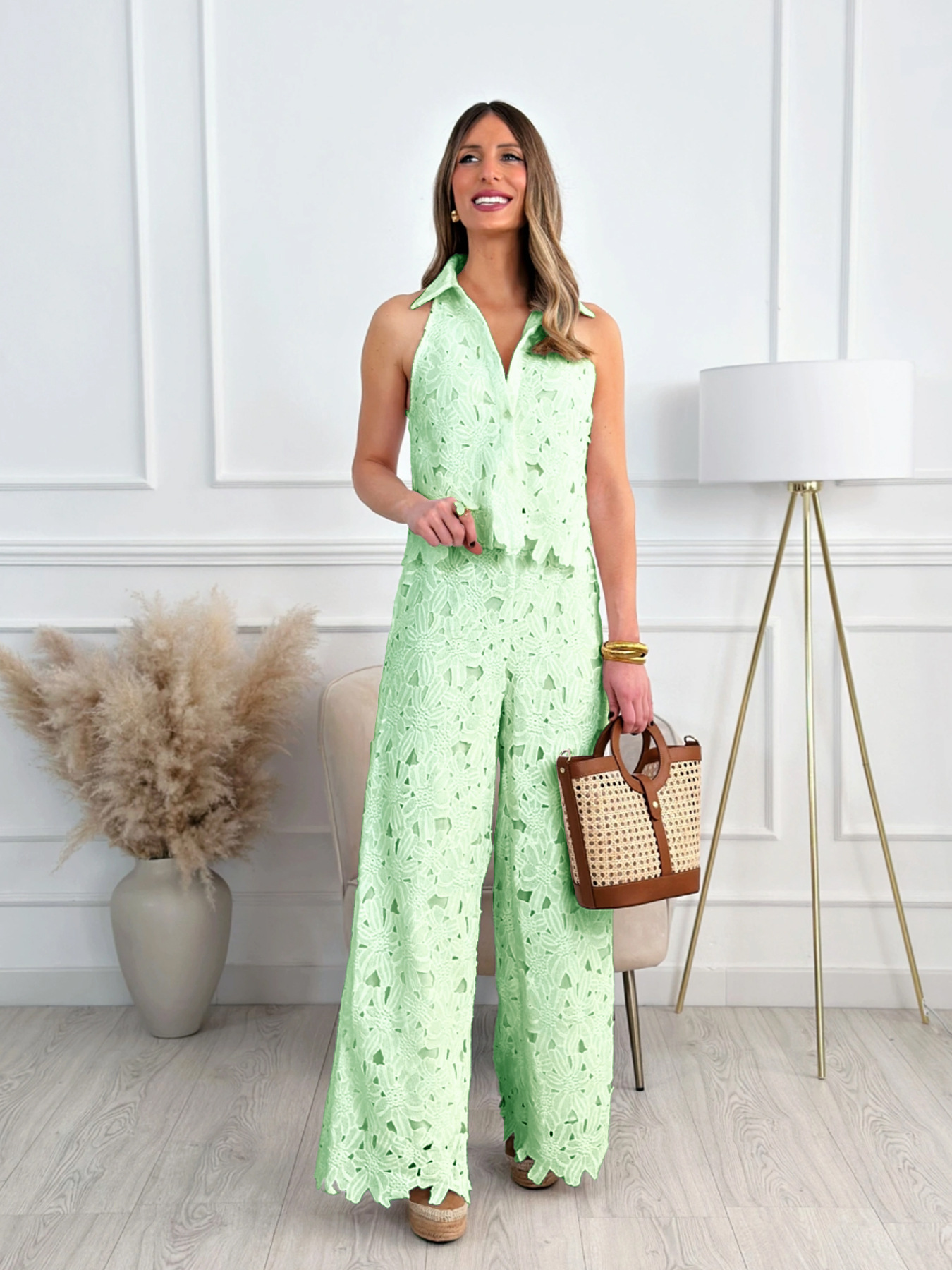 French Embroidered Cutout V-Neck Tank Top and Wide-Leg Pants Set