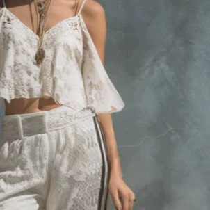 Retro Striped Trim White Off-Shoulder Lace T-Shirt and Wide-Leg Pants Set