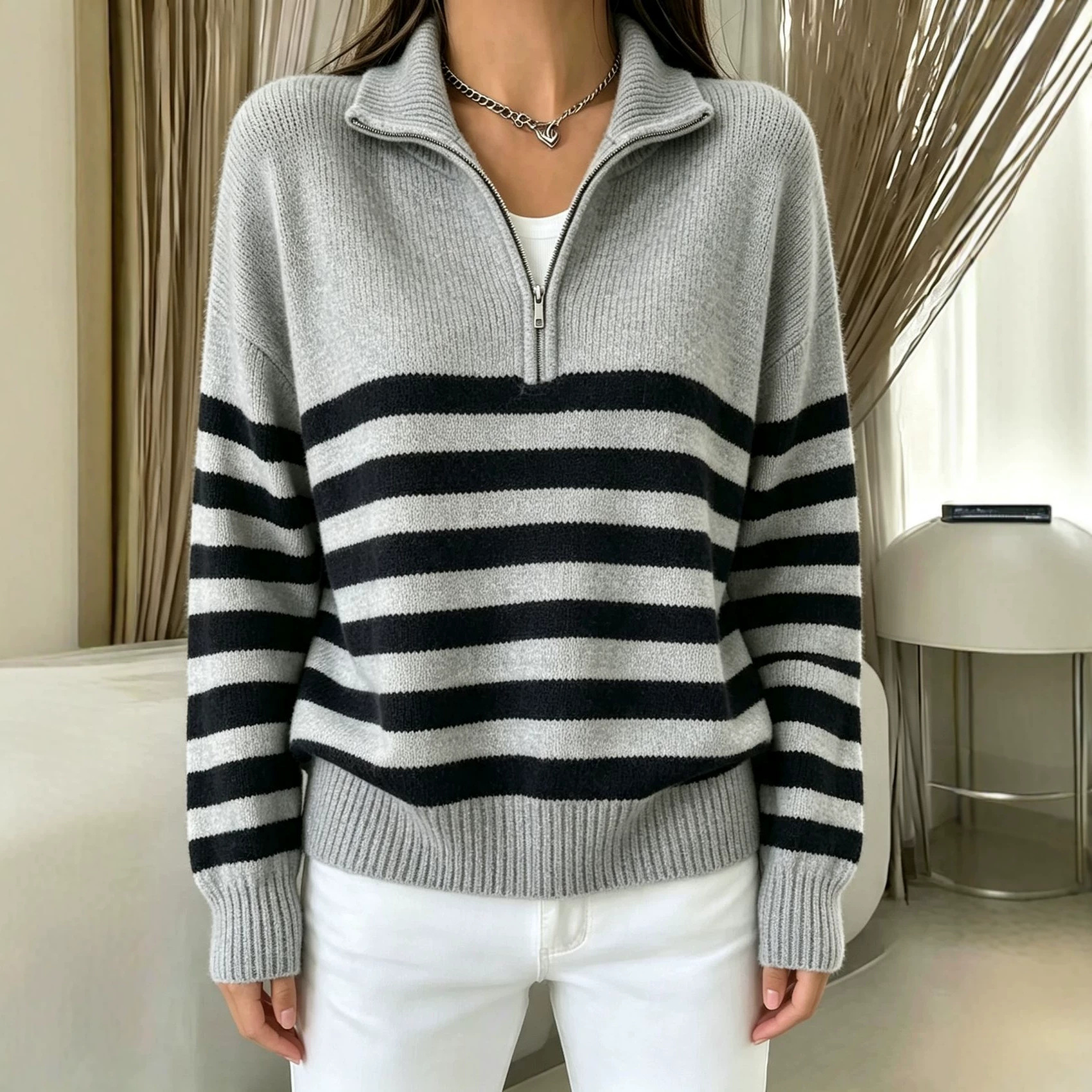 Striped Color-Block Half-Zip Sweater