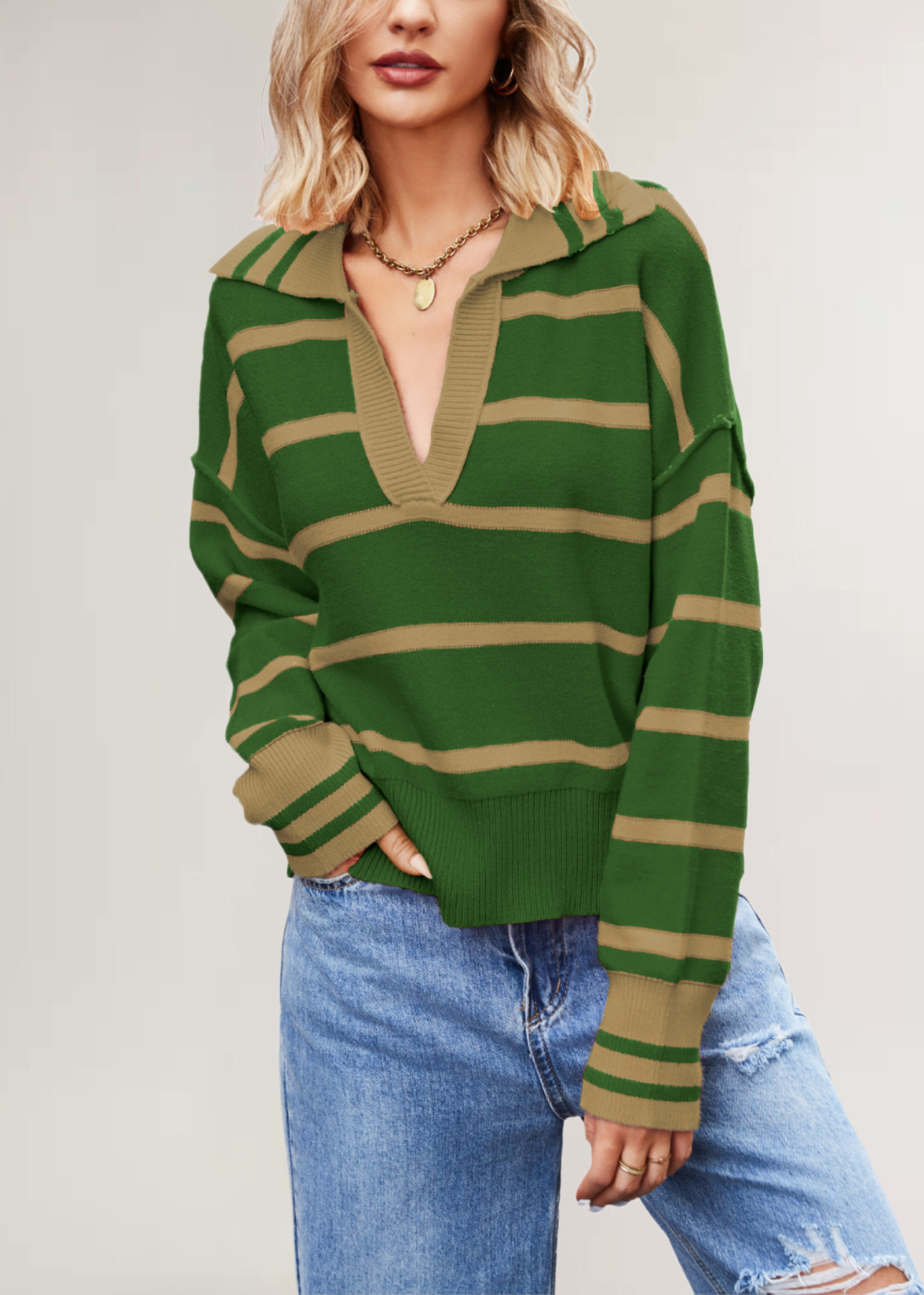 V-Neck Striped Colorblock Loose Knit Sweater