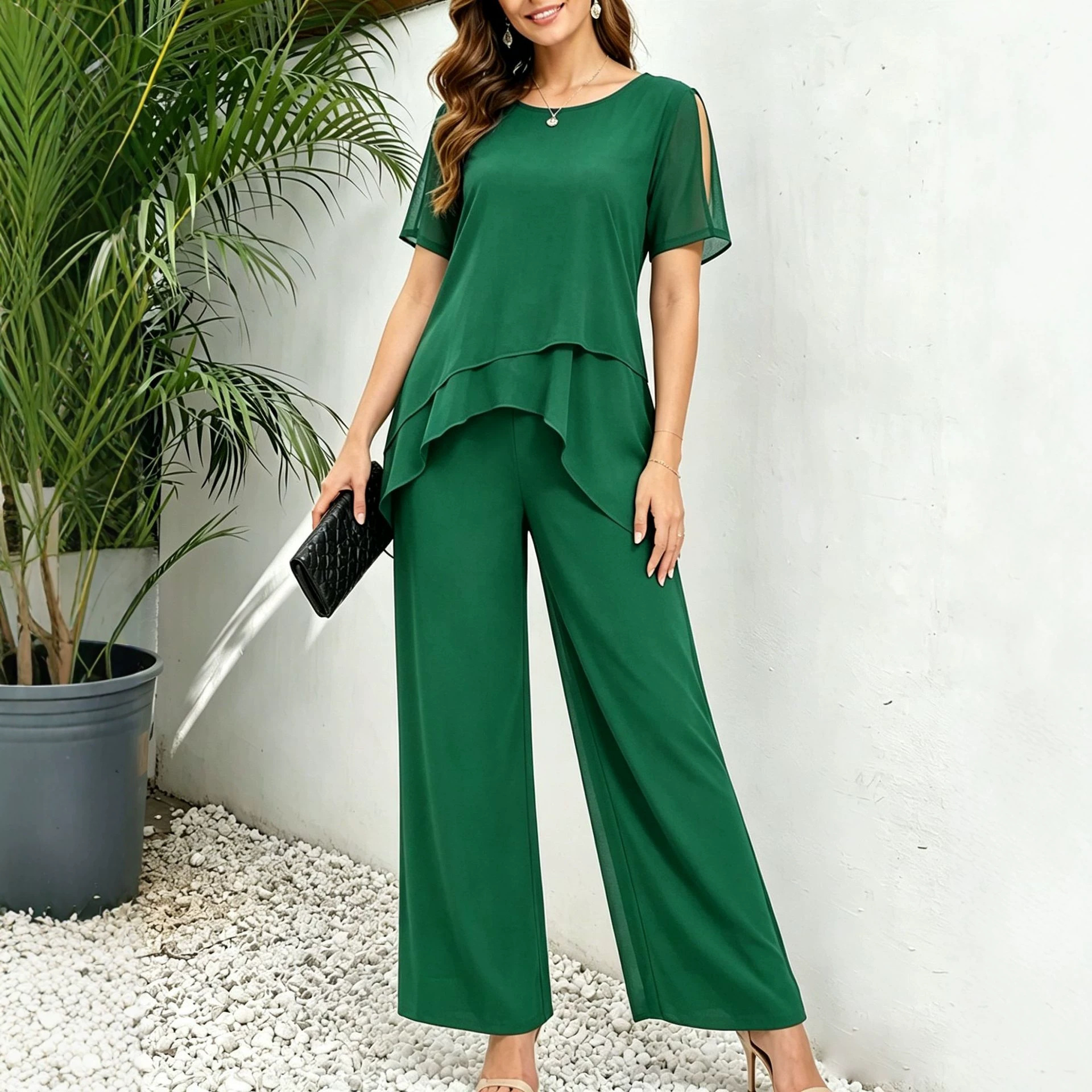 Women's Chiffon Asymmetric Top & Wide-Leg Pants Two-Piece Set