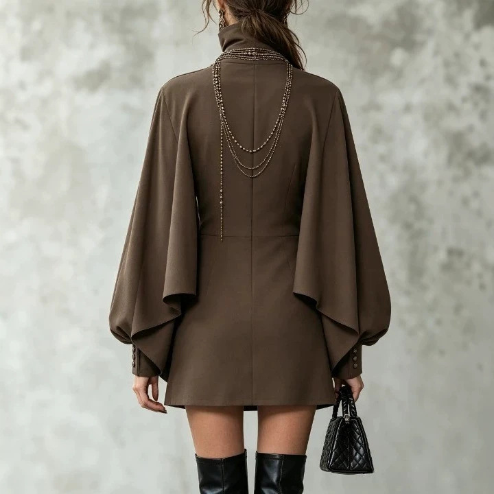 Dark Brown Stand-Collar Cape-Sleeve Shirt Dress with Metal Buttons, Bodycon Mini