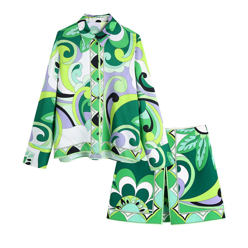Women's Green Floral Print Long Sleeve Shirt and Skirt Set