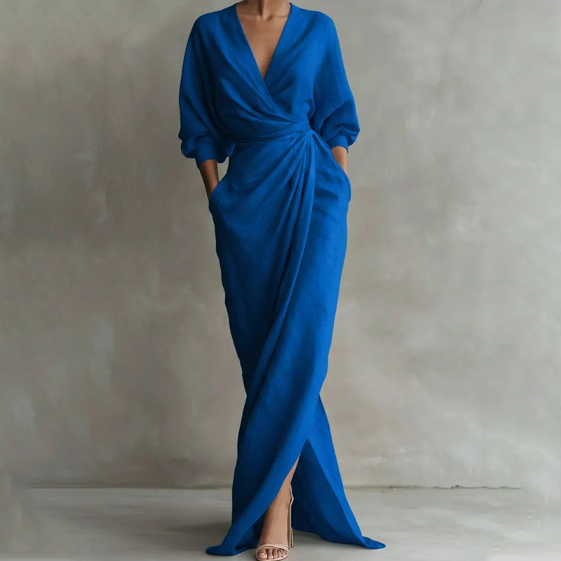 Women's Elegant Solid Cross V-Neck Long Sleeve Slim Waist Midi Dress