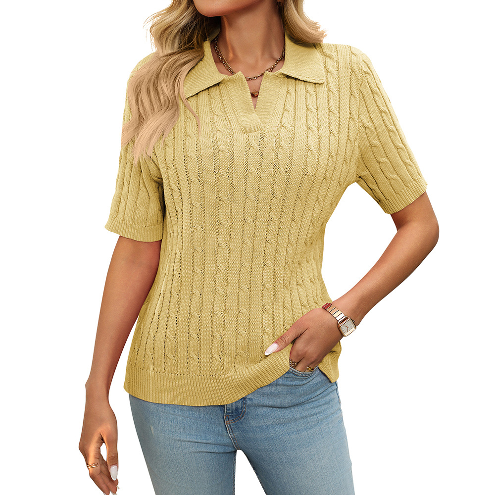 Women's Cable Knit V-Neck Polo Collar Short Sleeve Pullover Sweater