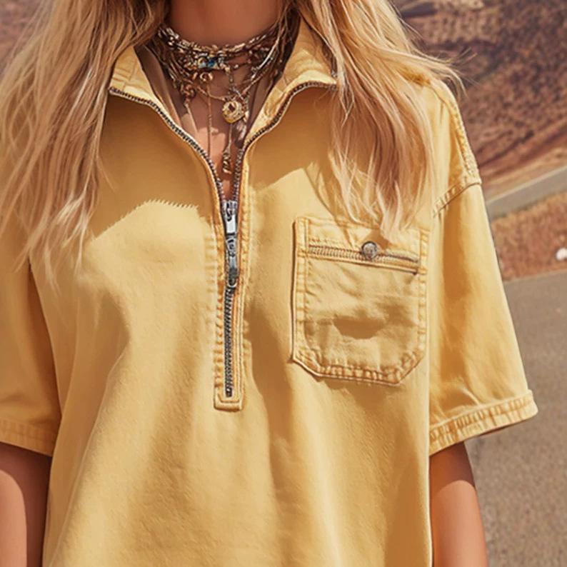 Retro Light Yellow Denim Short Sleeve Mini Dress