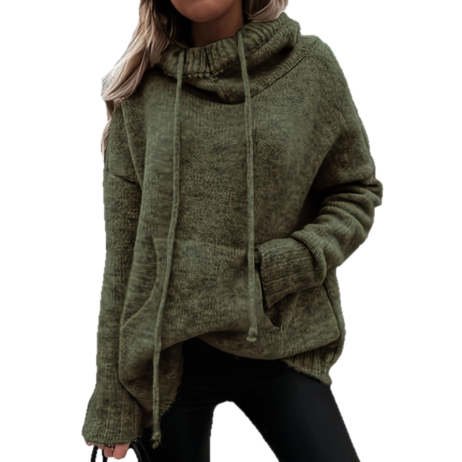 Women's Solid Color Drawstring Pocket Loose Irregular Neck Knit Sweater