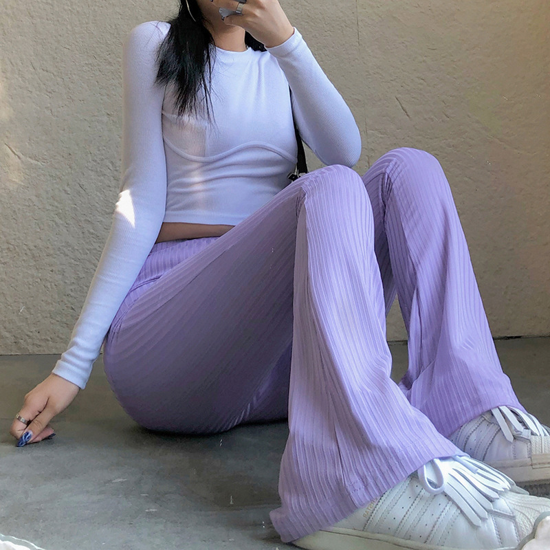 Women's High-Waist Stretch Flare Pants Solid Color Casual Long Trousers