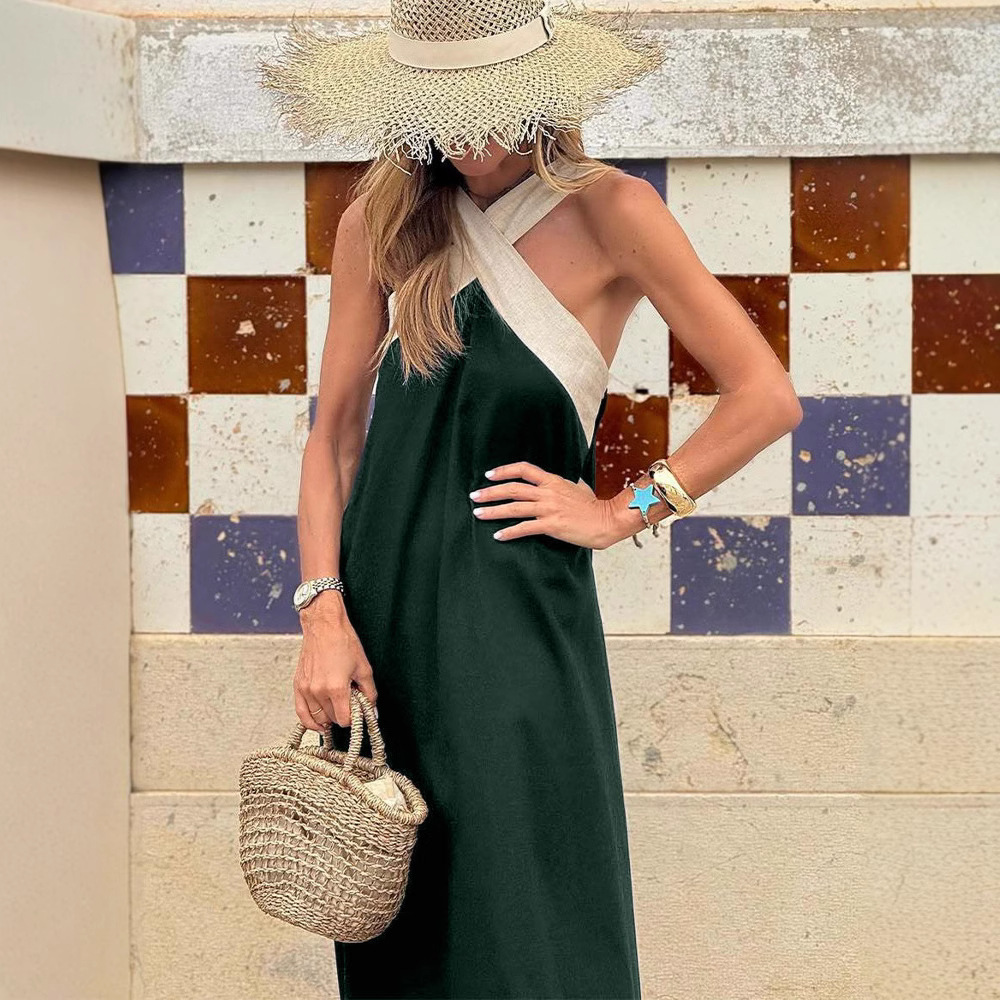 Elegant Halter Cross Back Color Block Maxi Dress