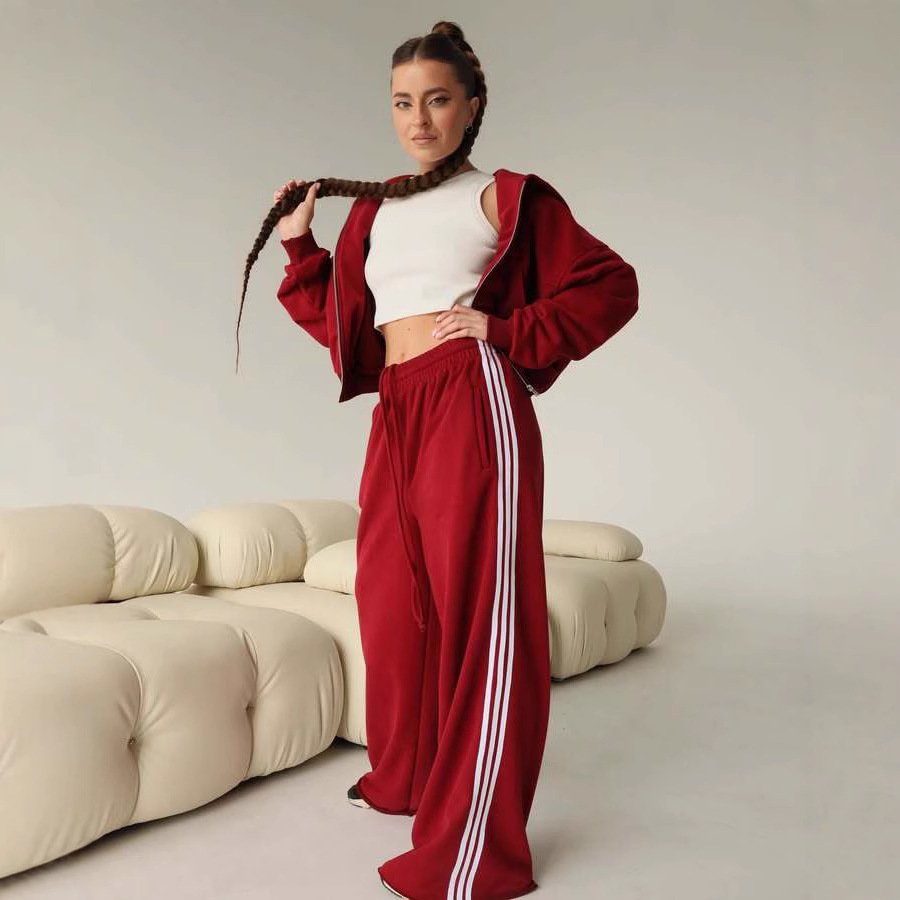 Women's Hooded Drawstring Colorblock Striped Wide-Leg Two-Piece Pants Set