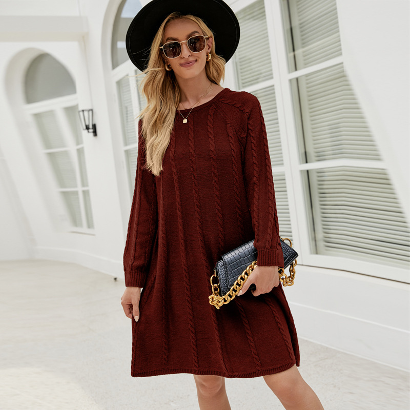 Women's Cable Knit A-Line Sweater Dress Crew Neck Long Sleeve Loose Fit
