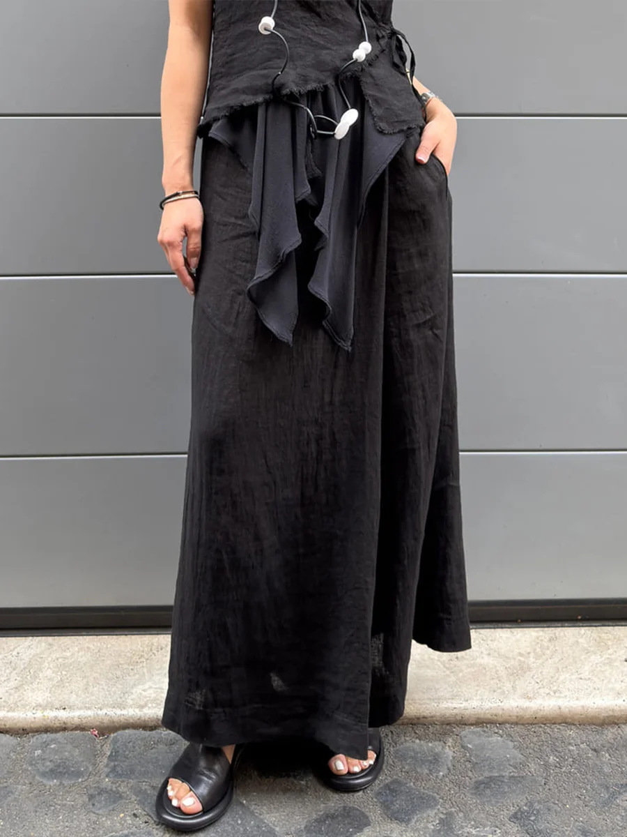 Women's Solid Color Wide-Leg Pants with Pockets and Elastic Waist