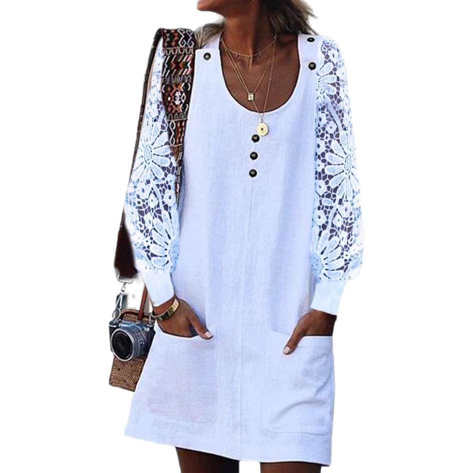 Women's Summer Solid Color Cutout Long Sleeve U-Neck Button Dress with Pockets