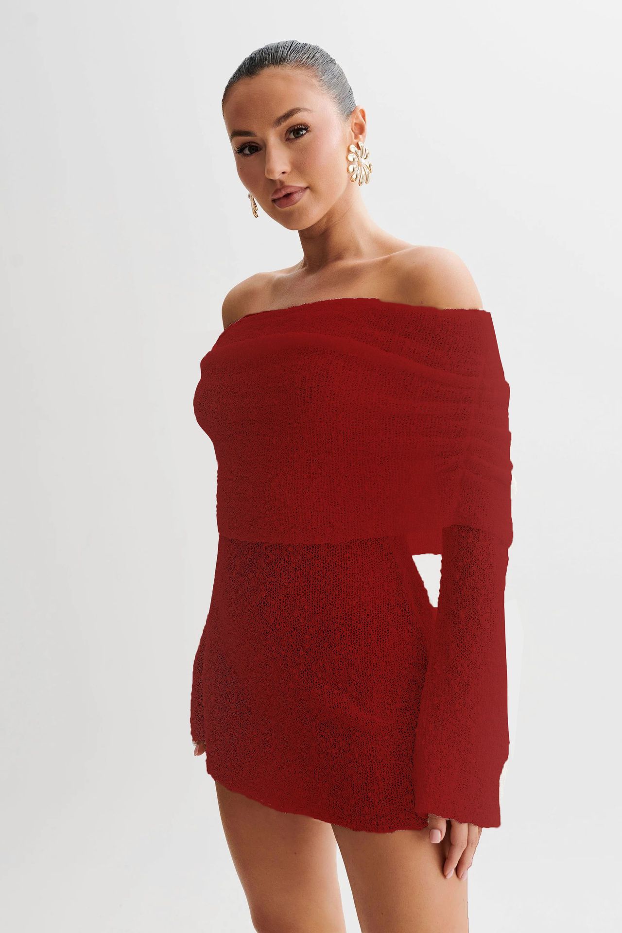 Sheer Knit Off-Shoulder Long-Sleeve Mini Bodycon Dress