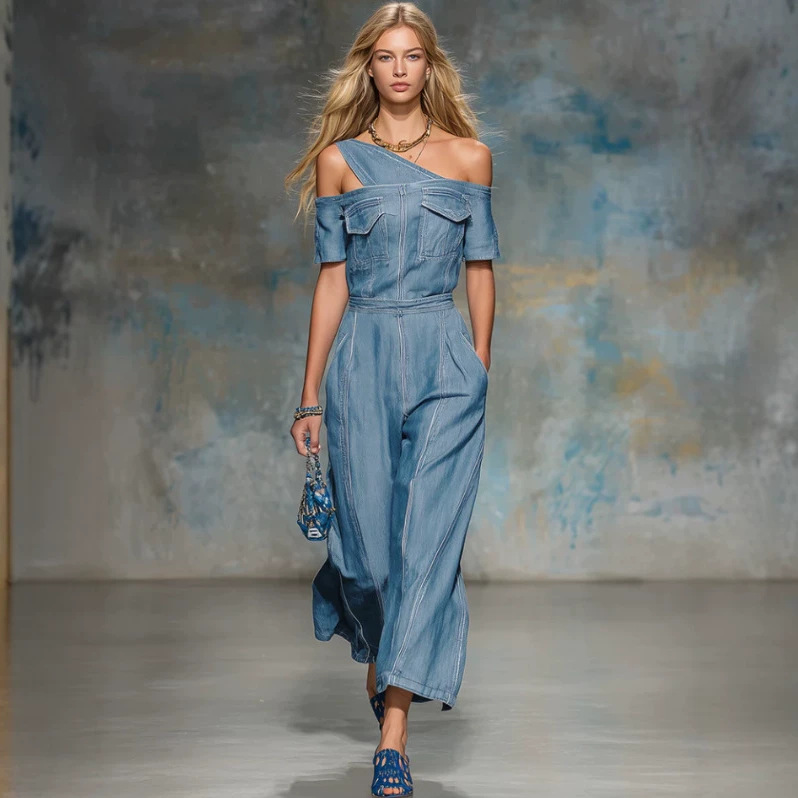 Retro One-Shoulder Denim Jumpsuit