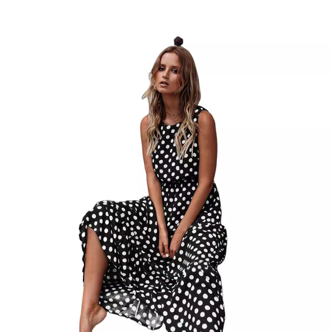 Polka Dot Print Round Neck Long Dress