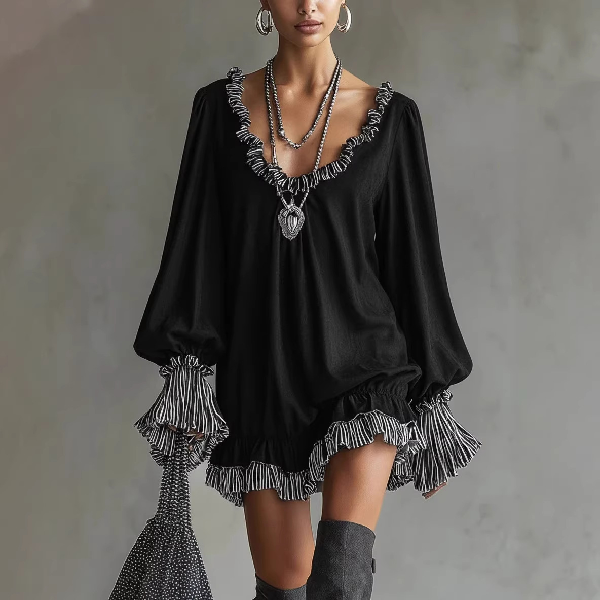Black Ruffle-Trim Princess Dress Slimming Short A-Line