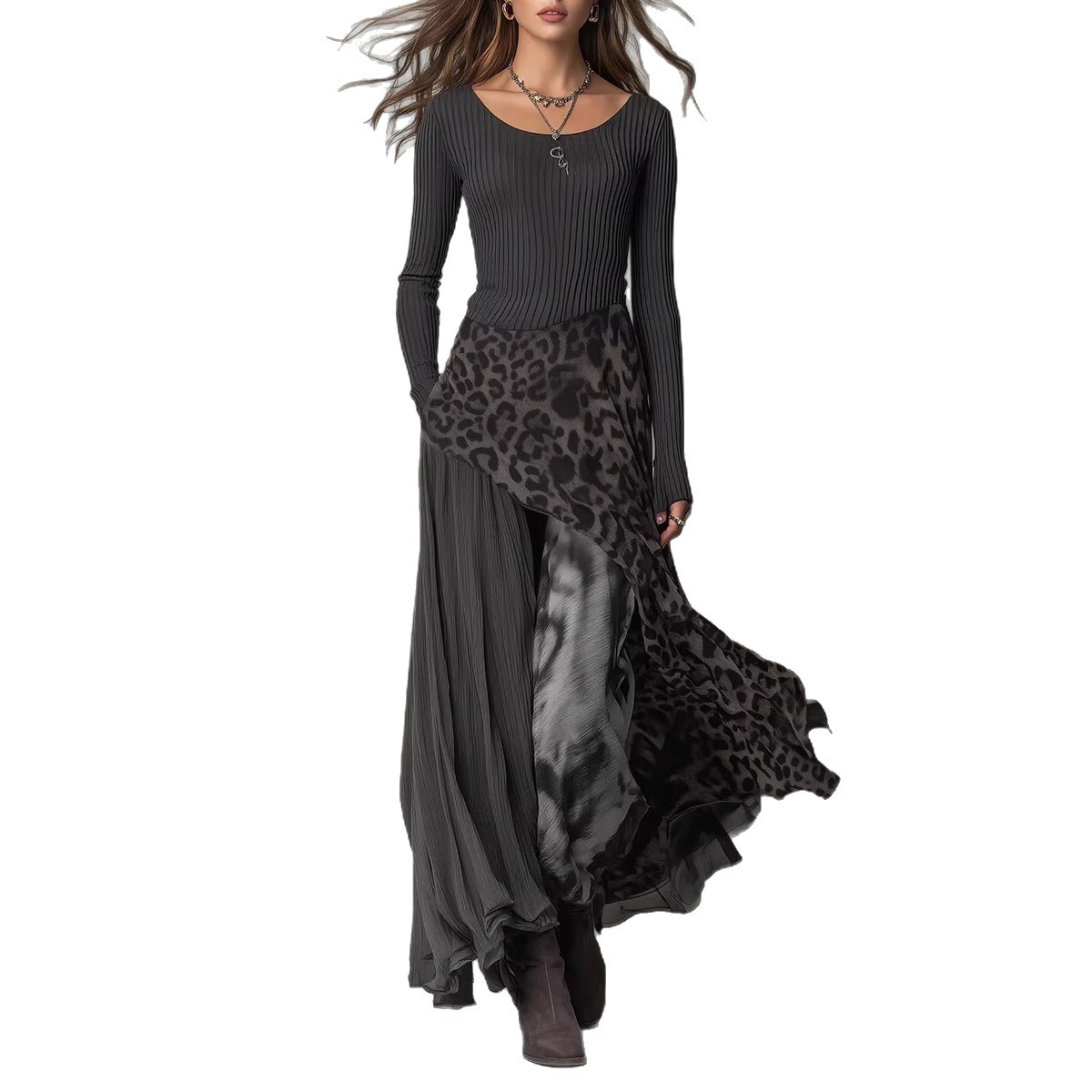 Leopard Print Elastic Waist Flowy Casual Dress
