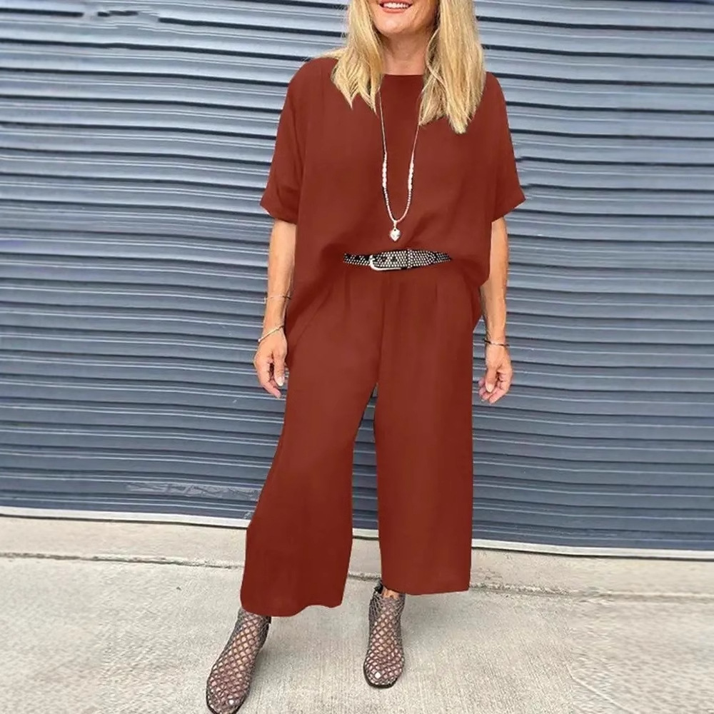 Women's Summer Casual Round Neck Half-Sleeve Top and Wide-Leg Pants Set