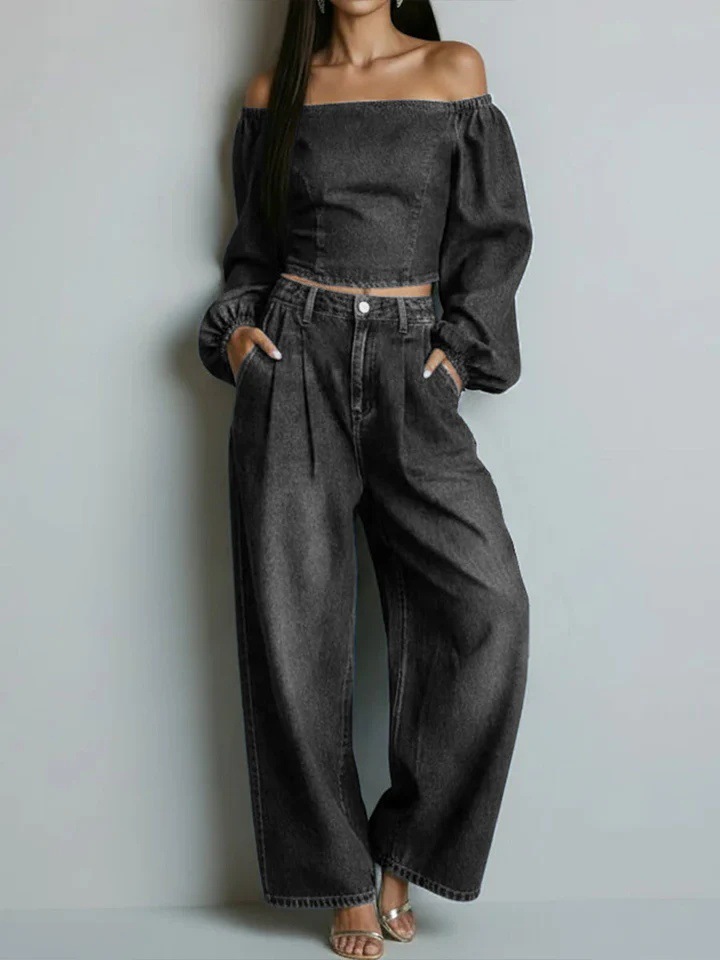 Faux Denim Two-Piece Set Long Sleeve Top & Pants Casual Loose Fit