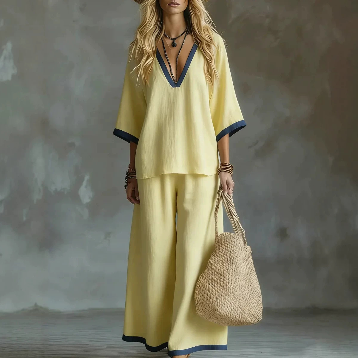 Women's Summer Casual Solid V-Neck Loose Mid-Sleeve Top and Pants Two-Piece Set