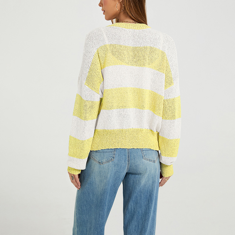 Striped Round Neck Cardigan Sweater Loose Fit Colorblock Knit Top
