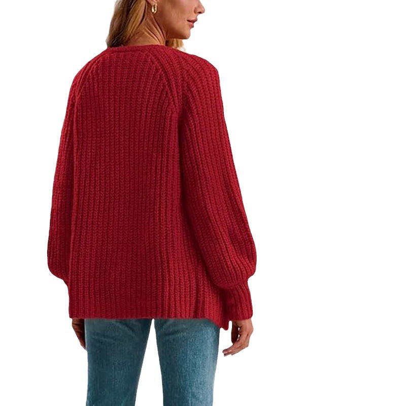 Women's Solid Color Button-Front Knit Cardigan Sweater Long Sleeve Crew Neck
