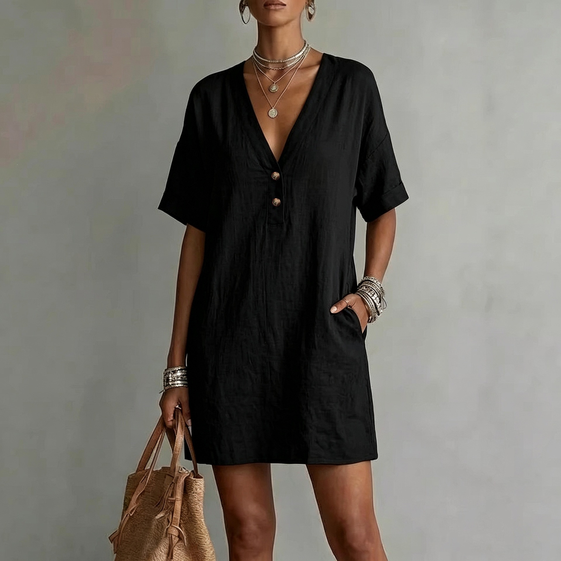 Boho Cotton-Linen Deep V Half-Button Short Sleeve Midi Dress