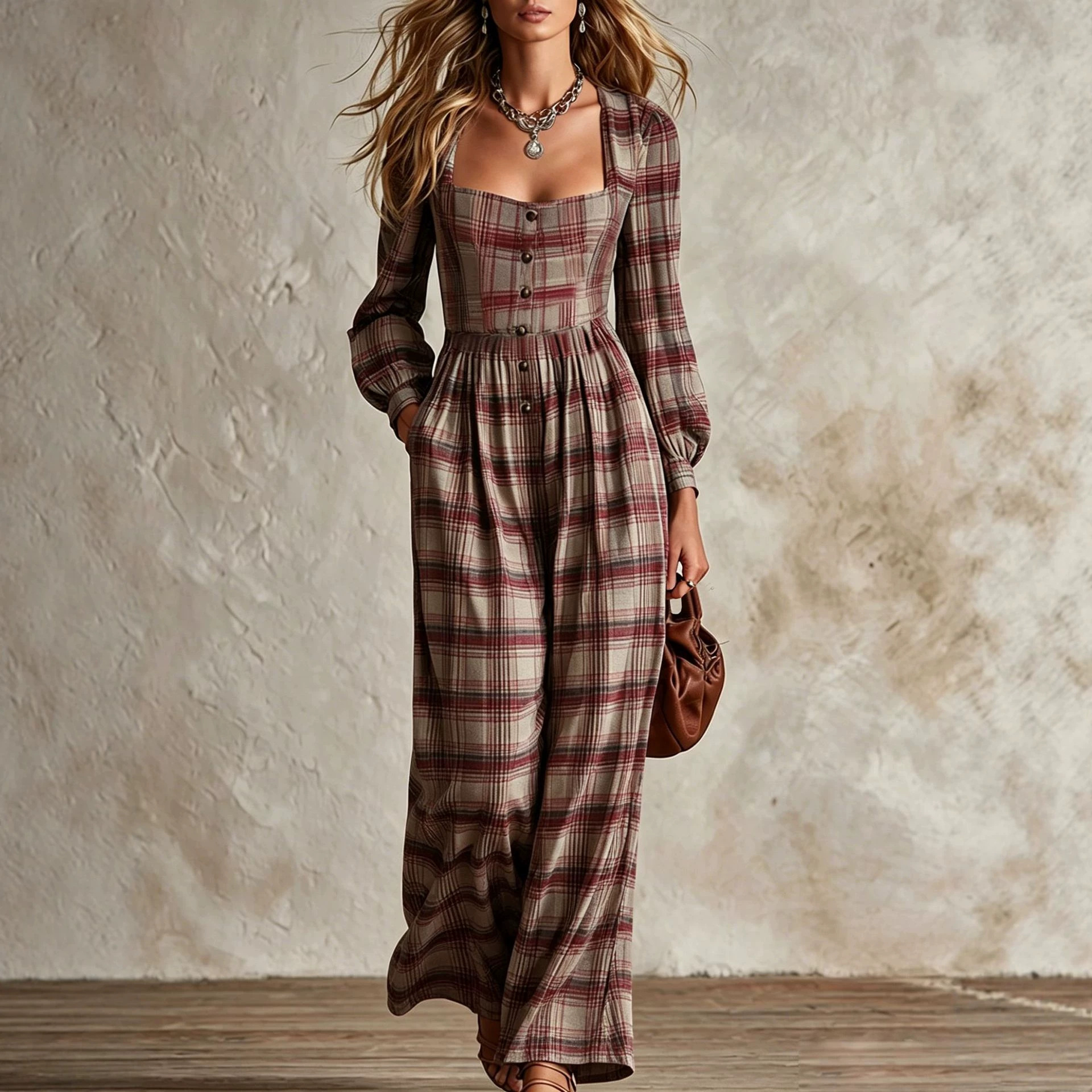 Plaid Square Neck Button-Front Wide-Leg Jumpsuit