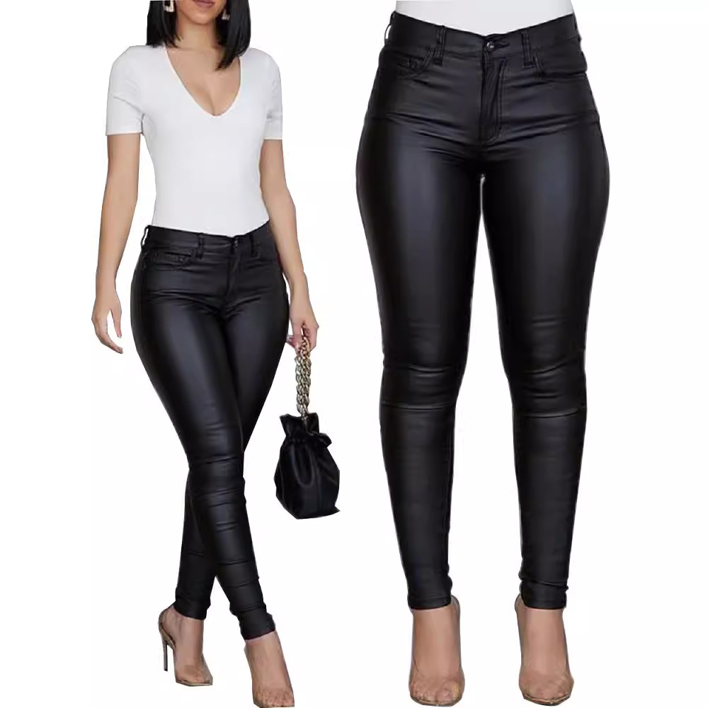 Women's Solid Color PU Leather Skinny Pants Slim Fit Mid-Rise Long Trousers