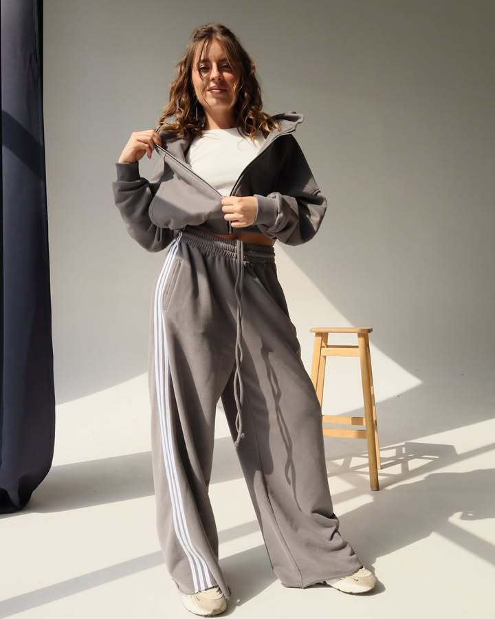 Women's Hooded Drawstring Colorblock Striped Wide-Leg Two-Piece Pants Set