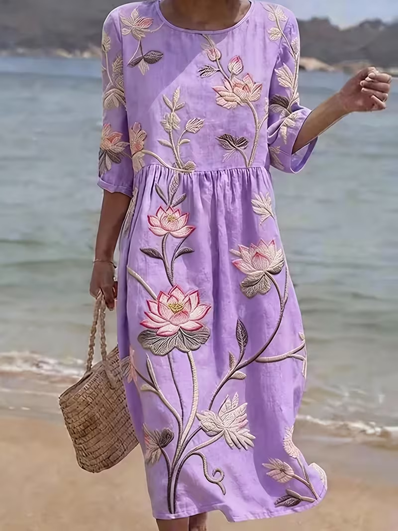 Women's Floral Pleated Midi Dress Round Neck Five-Sleeve Slim Fit