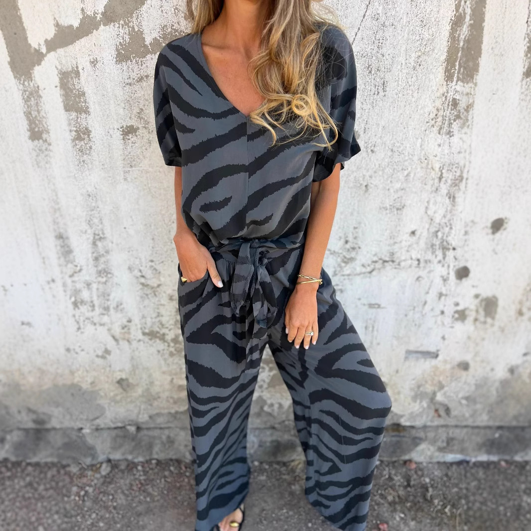 Zebra Print V-Neck Tie Top & Wide-Leg Pants Set
