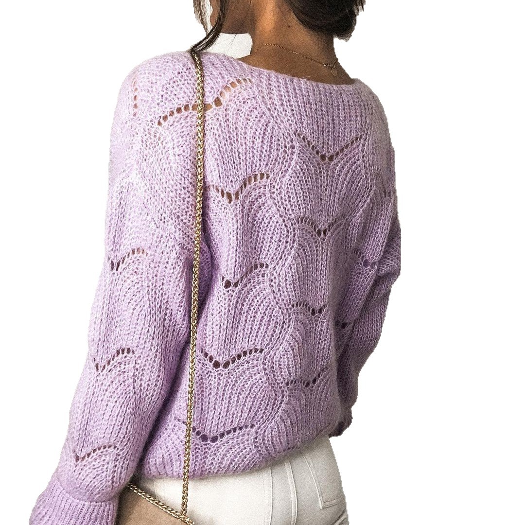 Purple Button-Front Knit Cardigan, Mid-Length Crew Neck