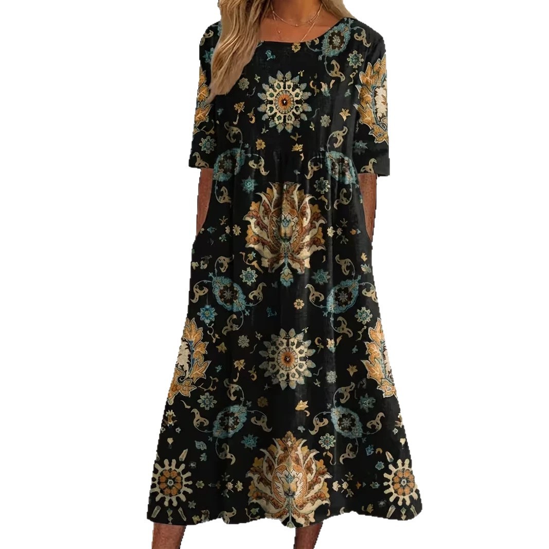 Women's Vintage Floral A-Line Midi Dress