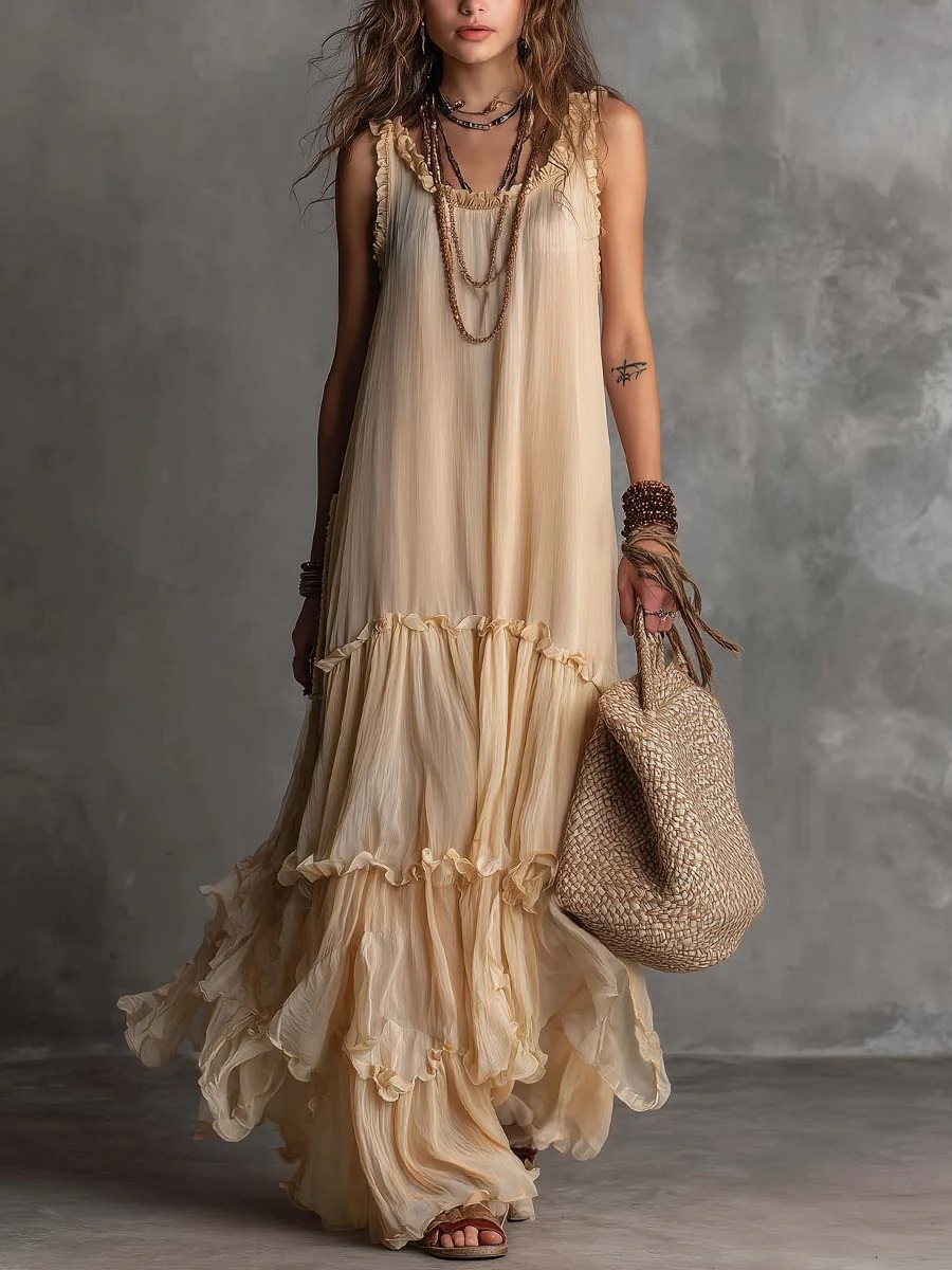 Women's Sleeveless Chiffon Ruffle Beach Maxi Dress