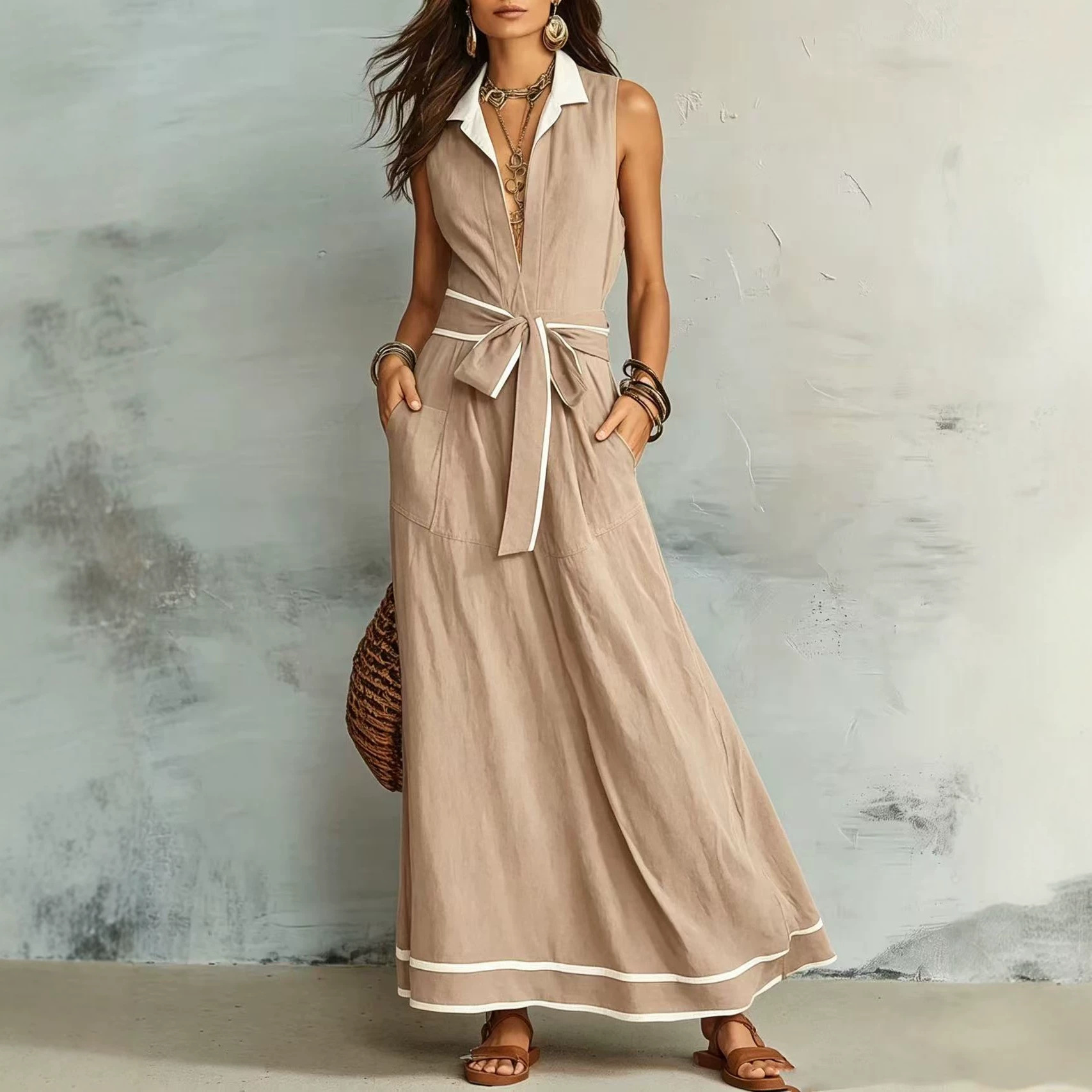 Sleeveless V-Neck White Trim Tie-Waist A-Line Dress