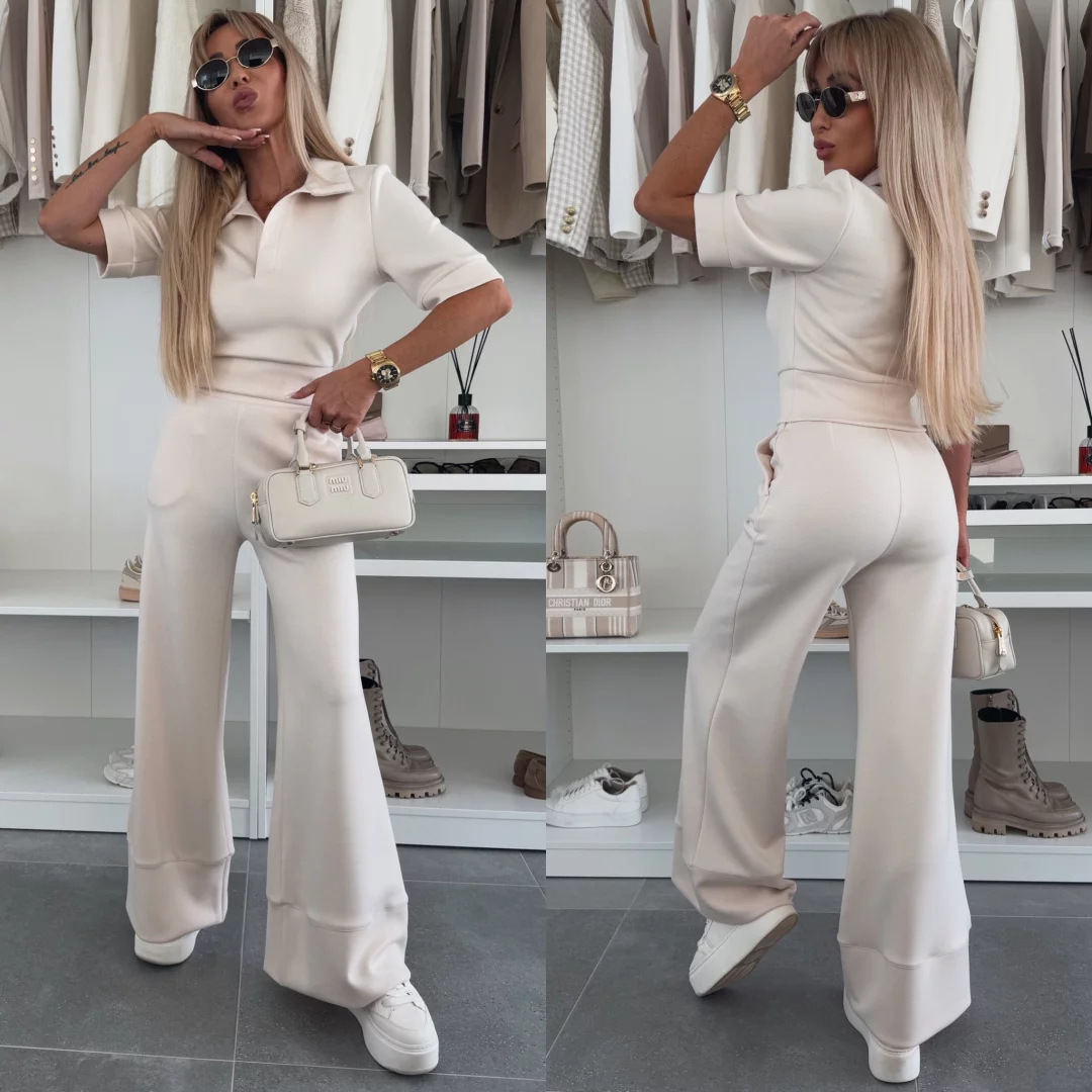 Women's Solid Color Collared Short Sleeve Top and Wide-Leg Pants Lounge Set