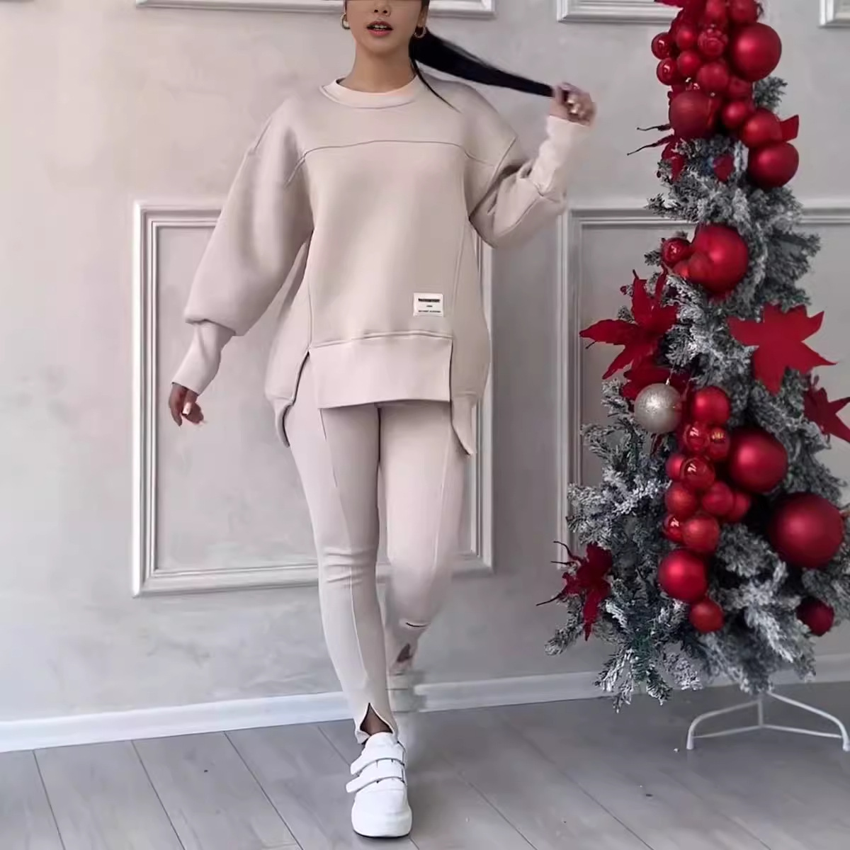 Irregular Long-Sleeve Geometric Print Hoodie and Leggings Set