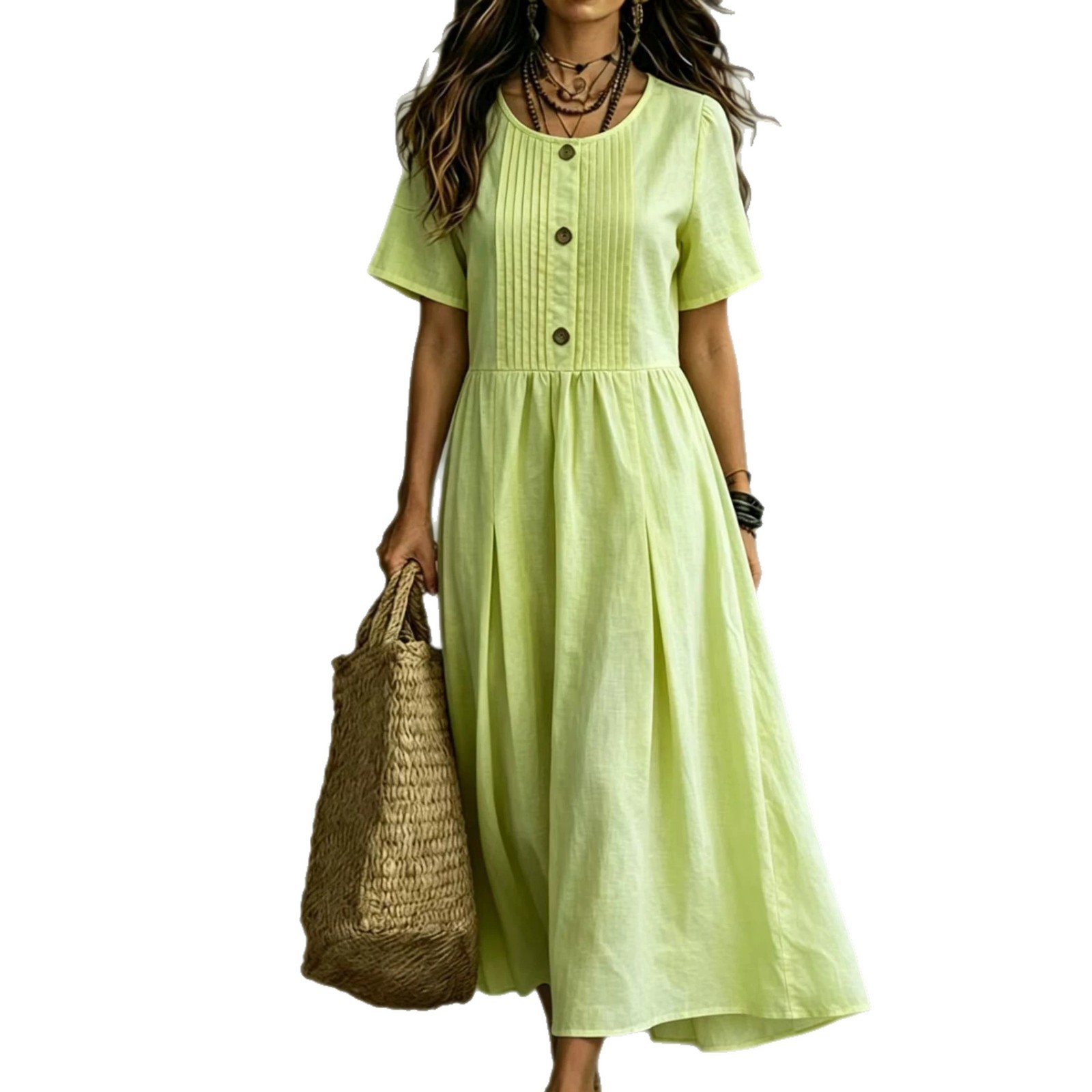 Women's Cotton-Linen Short Sleeve Midi A-Line Dress Loose Fit