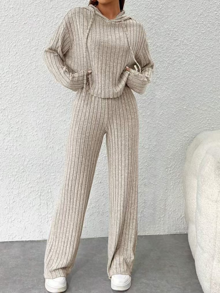 Striped Hooded Knit Sweatshirt Set Long Sleeve Casual