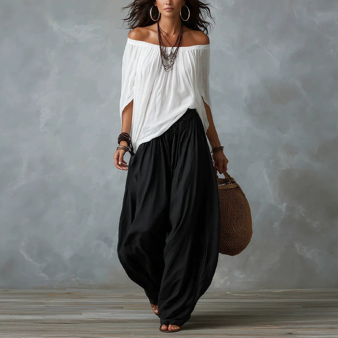 Paisley Print Off-Shoulder Wide-Leg Two-Piece Set
