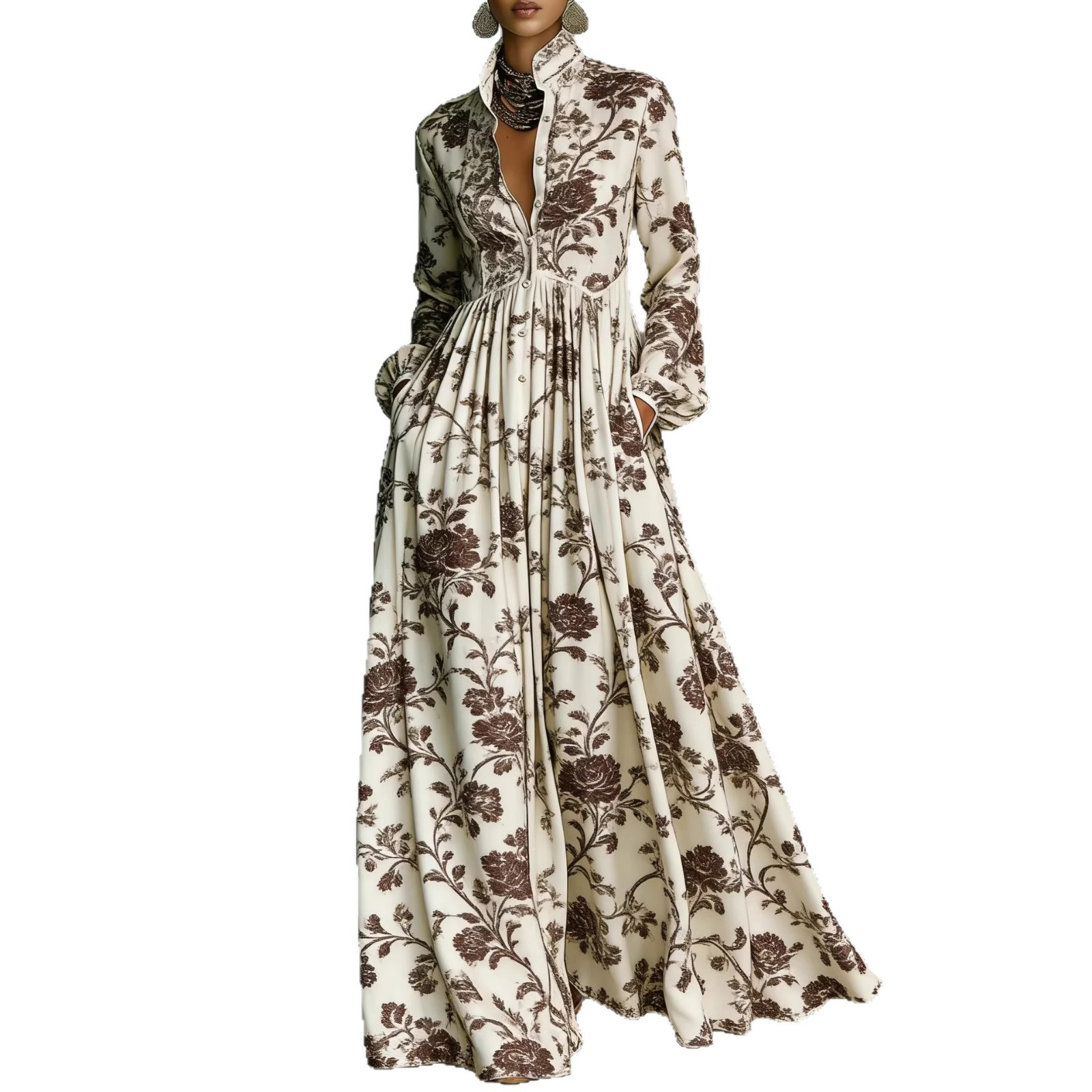 French Floral Print Long Sleeve Dress with Waist and Pockets