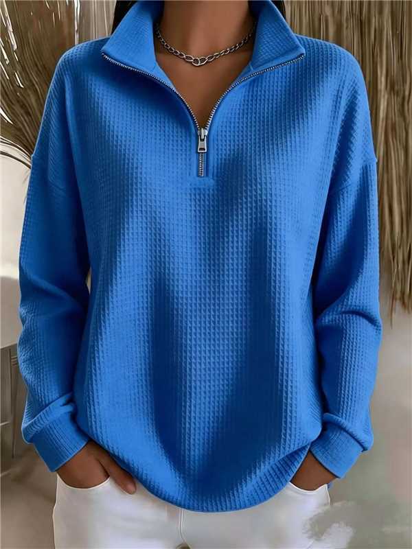 Women's Waffle Knit Half-Zip Hoodie Loose Fit Solid Color Top