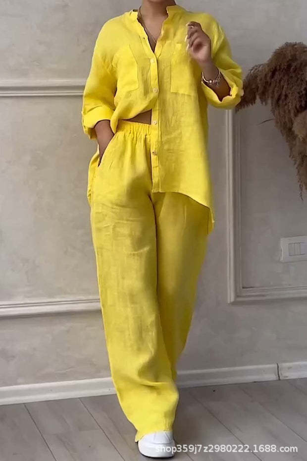 Cotton-Linen Solid Shirt & Drawstring Wide-Leg Pants Set