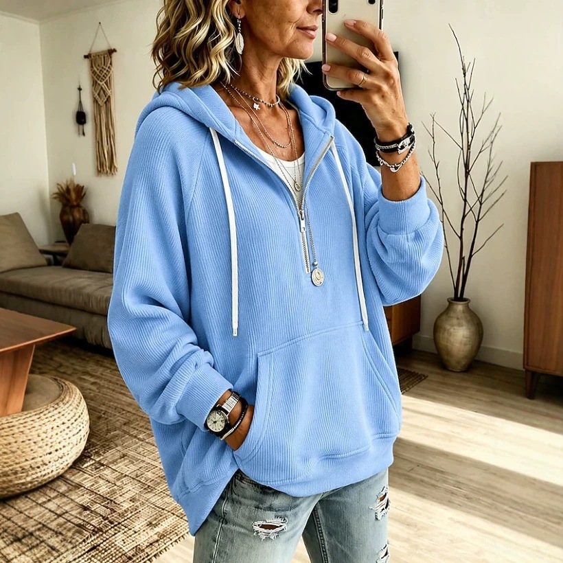 Women's Corduroy Hooded Pullover Sweatshirt with Drawstring Pocket Half-Button
